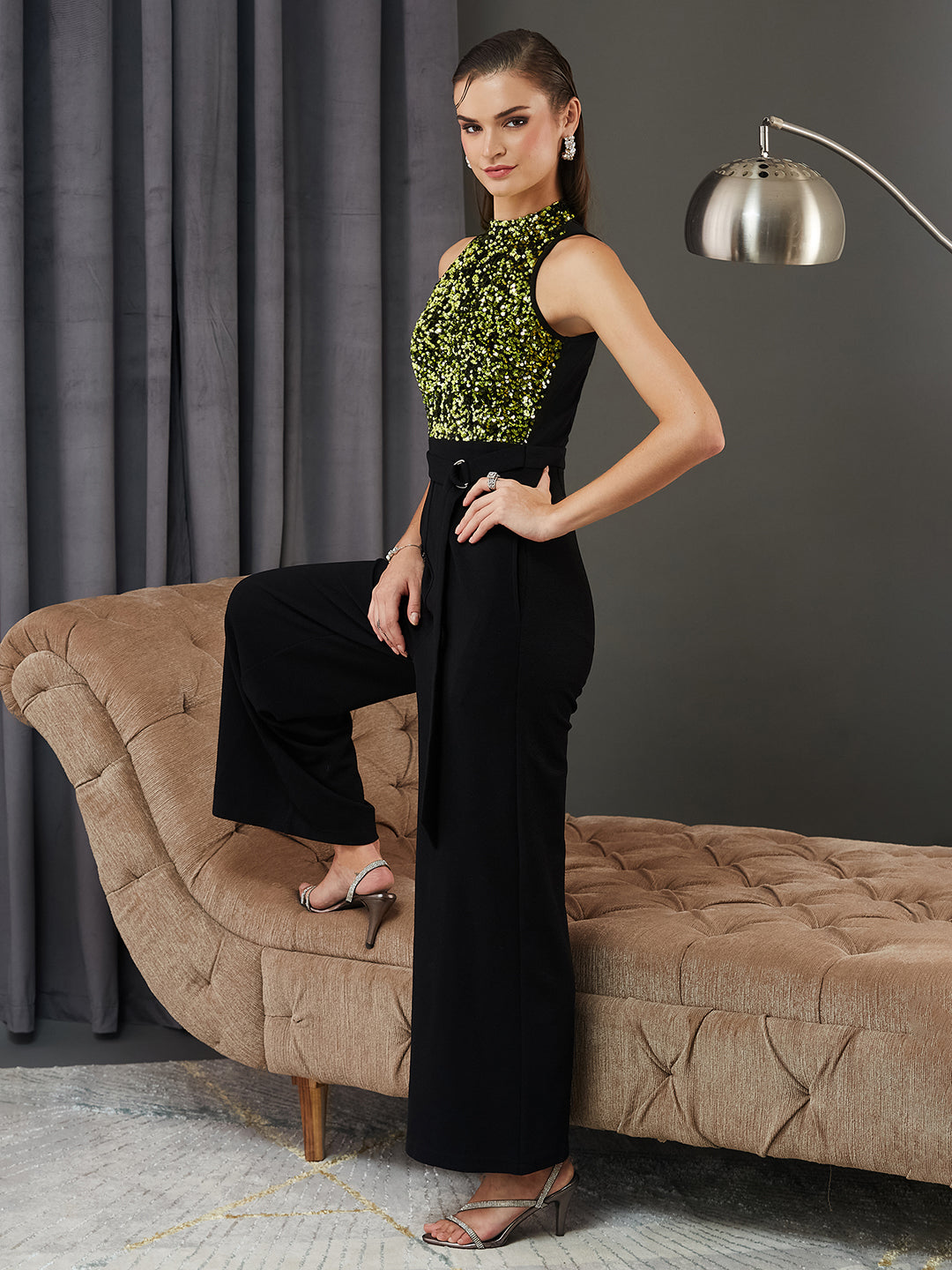 Women's Black And Green Halter Neck Sleeveless Embellished Regular-Length Jumpsuit