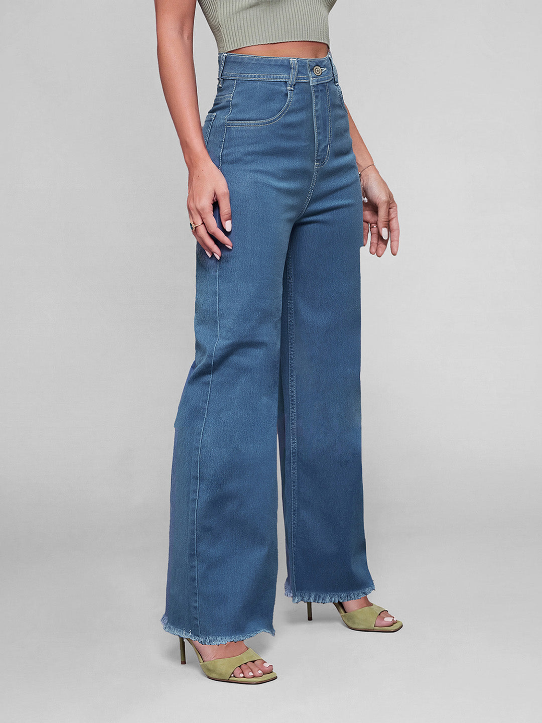 Blue Wide-Leg High-Rise Stretchable Denim Jeans for Women