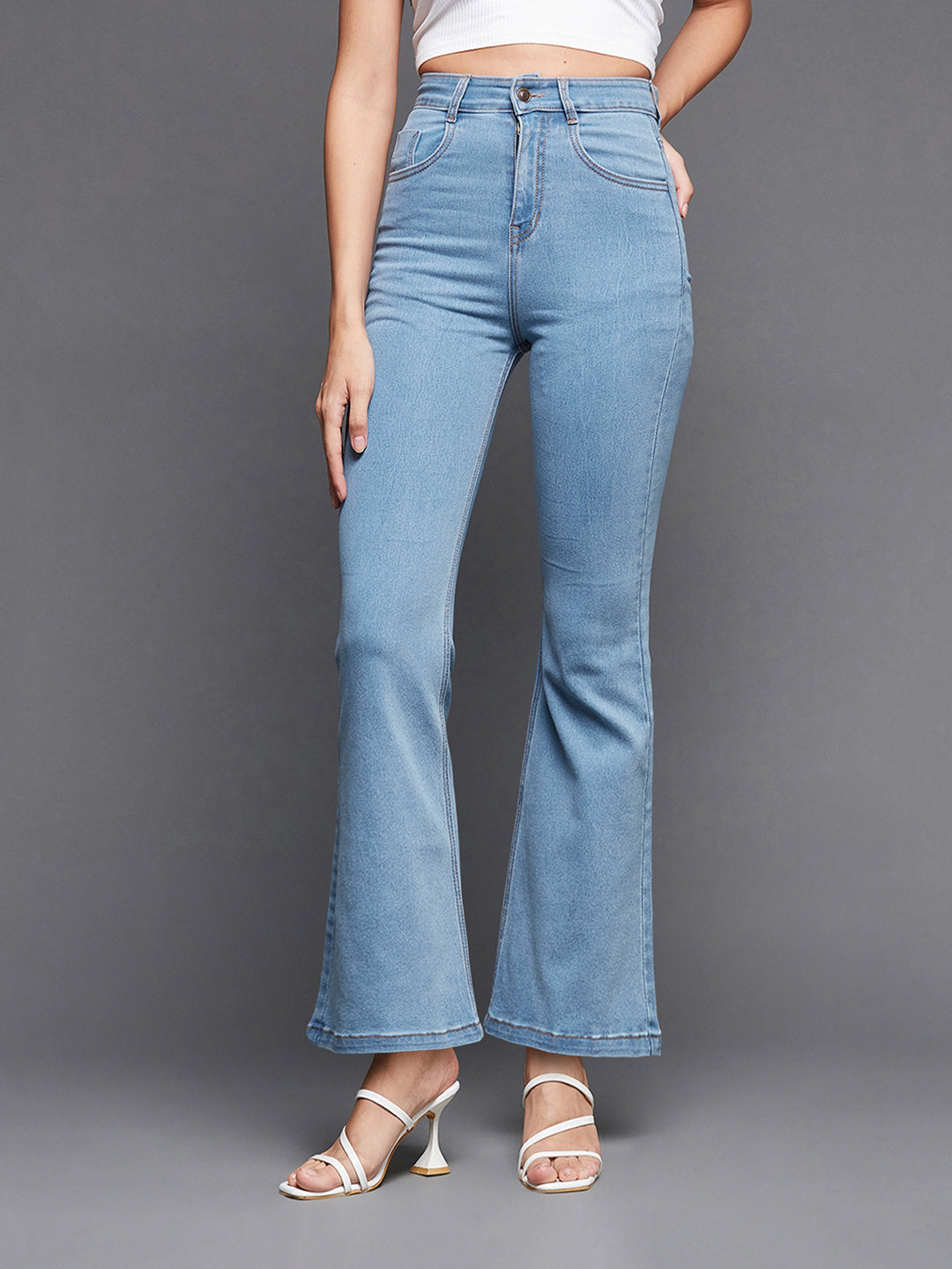 24/7 Comfort Light Blue Bell-Bottom Bootcut High-Rise Stretchable Denim Jeans