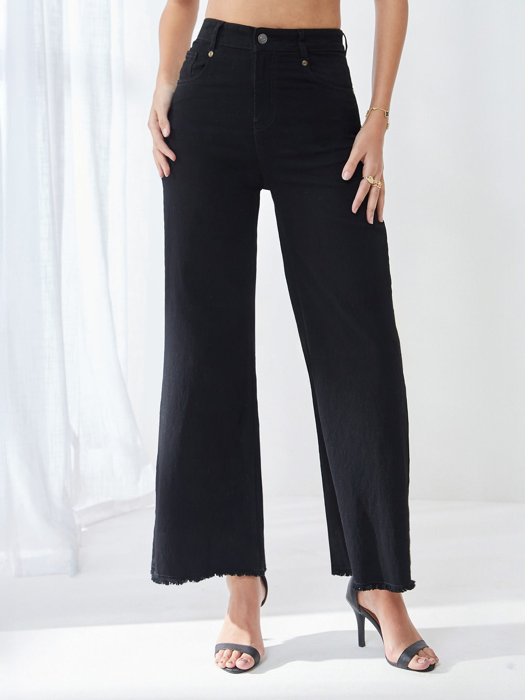 Black High Rise Stretchable Wide Leg Denim Jeans for Women