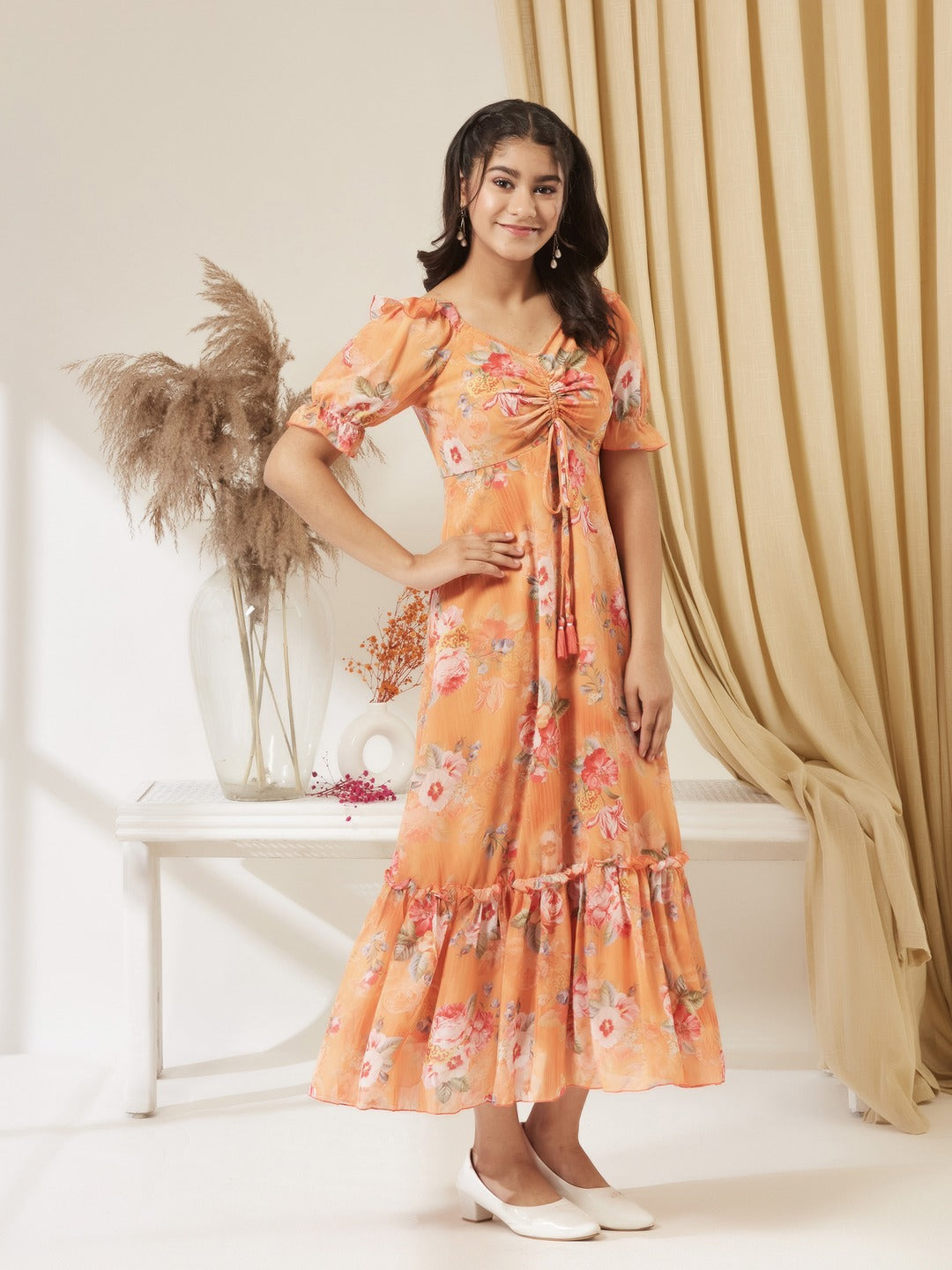 Orange V-Neck Puff Sleeve Floral Ruching Ankle-Length Dress for Girls/Teenagers