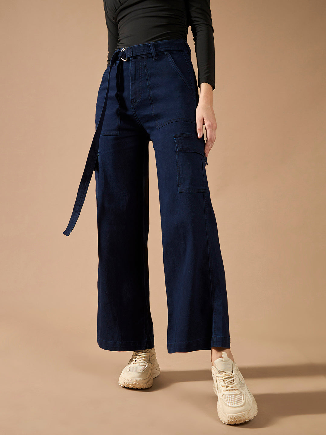 Women's Navy-Blue Wide-Leg High-Rise Stretchable Cargo Denim Jeans