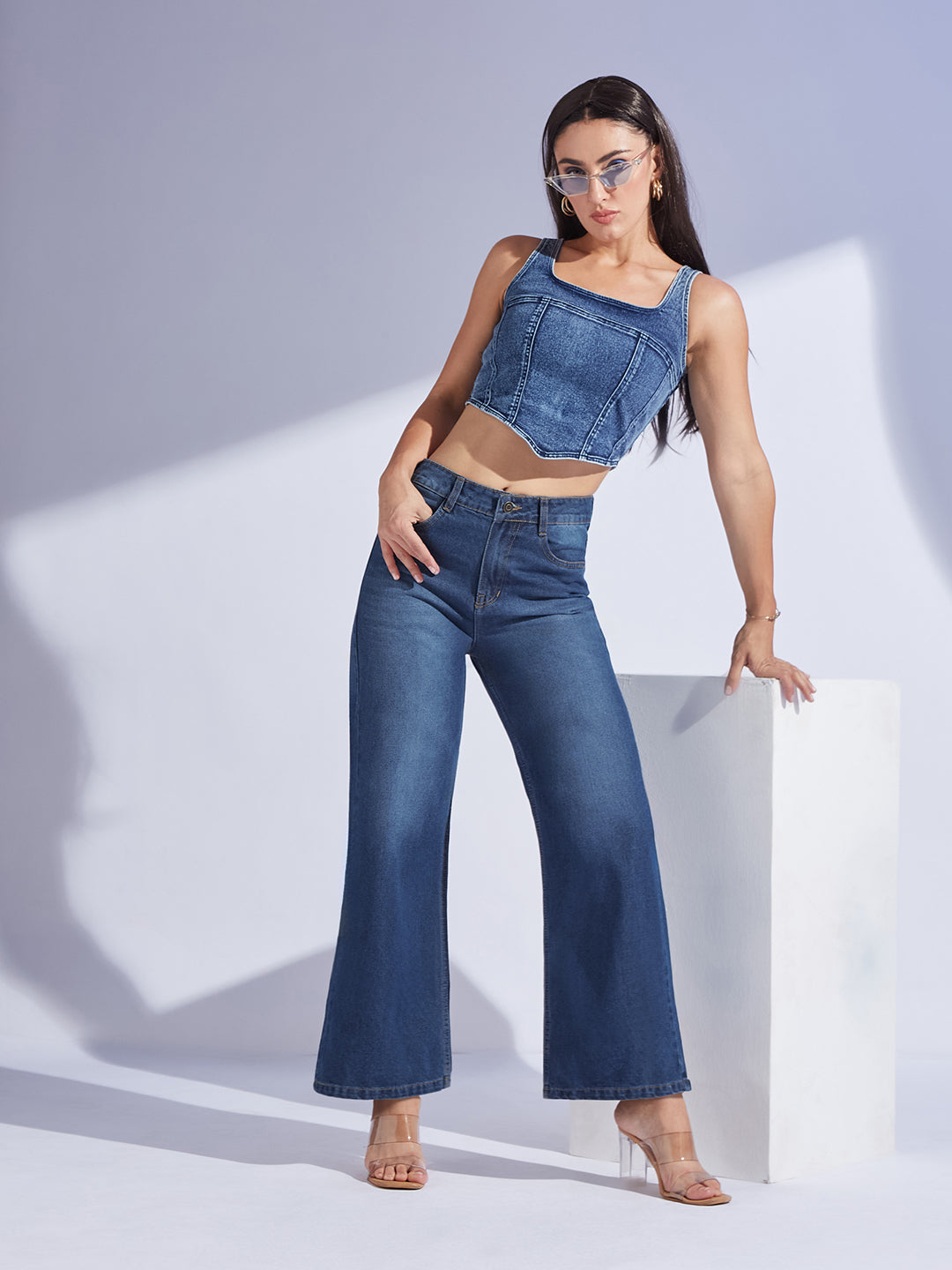 Women's Navy Blue Wide-Leg High-Rise Denim Jeans