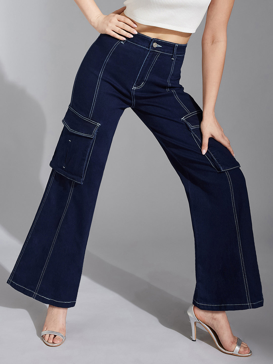 Women's Navy Blue Wide-Leg High-Rise Clean-Look Regular Stretchable Denim Jeans