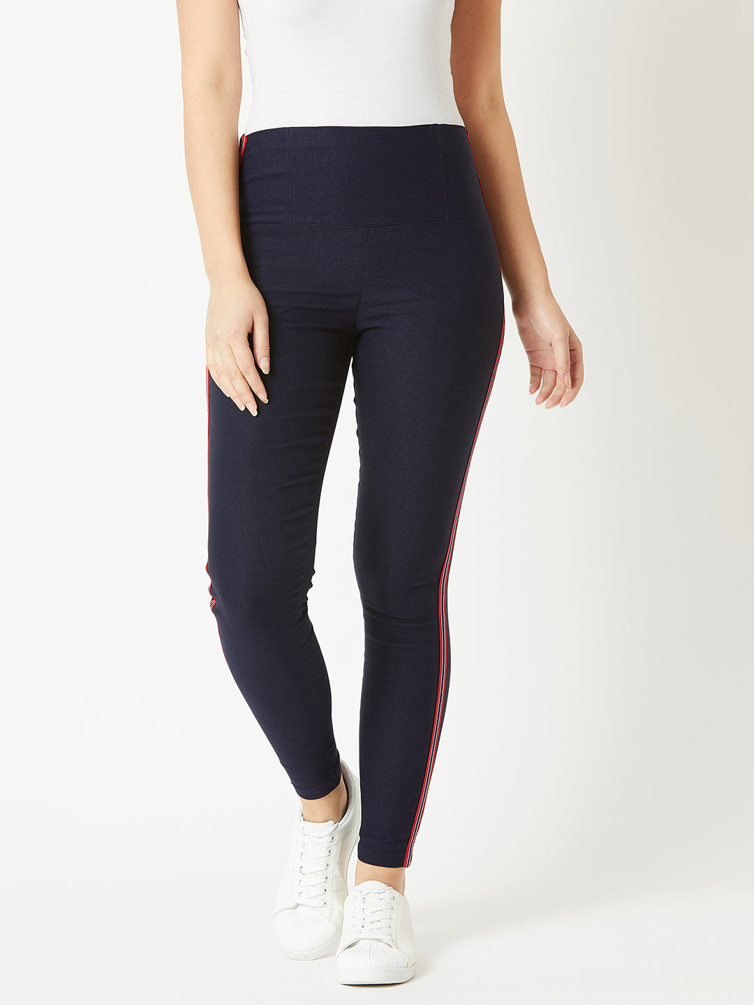 Women's Navy Blue Solid Knitted Skinny Multicolored Twill Tape Detailing Regular Length High-Waist Jeggings