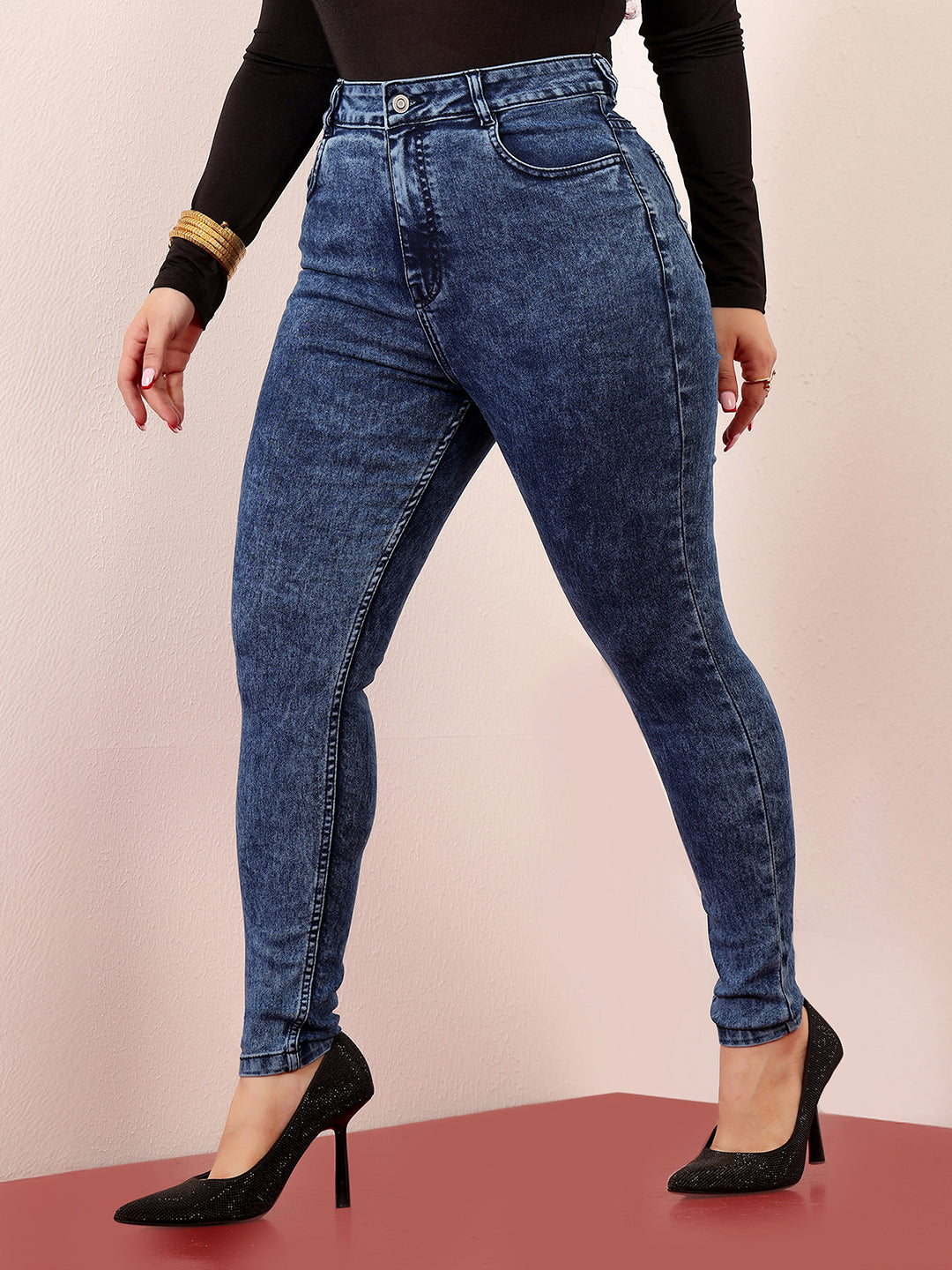 Women's Blue Skinny-Fit High-Rise Clean-Look Cropped Stretchable Denim Jeans
