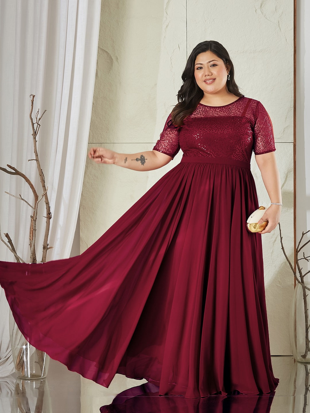Maaroon Relaxed Fit Maxi Georgette & Sequins Dress for Women