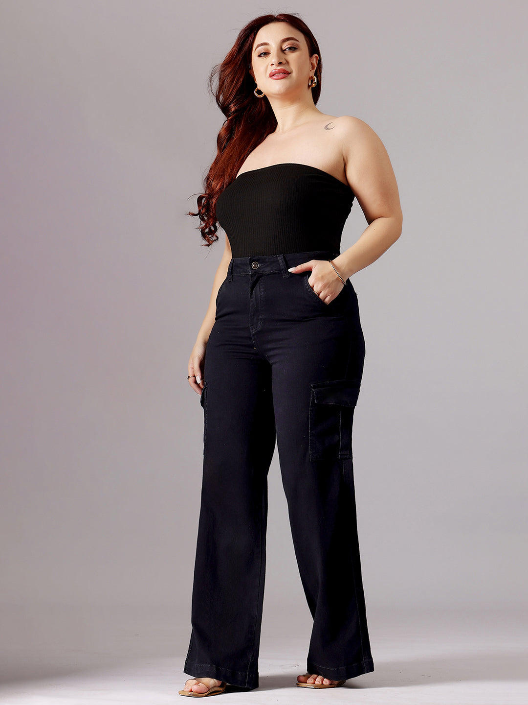 24/7 Comfort Black Wide-Leg High-Rise Clean-Look Regular-Length Stretchable Denim Jeans