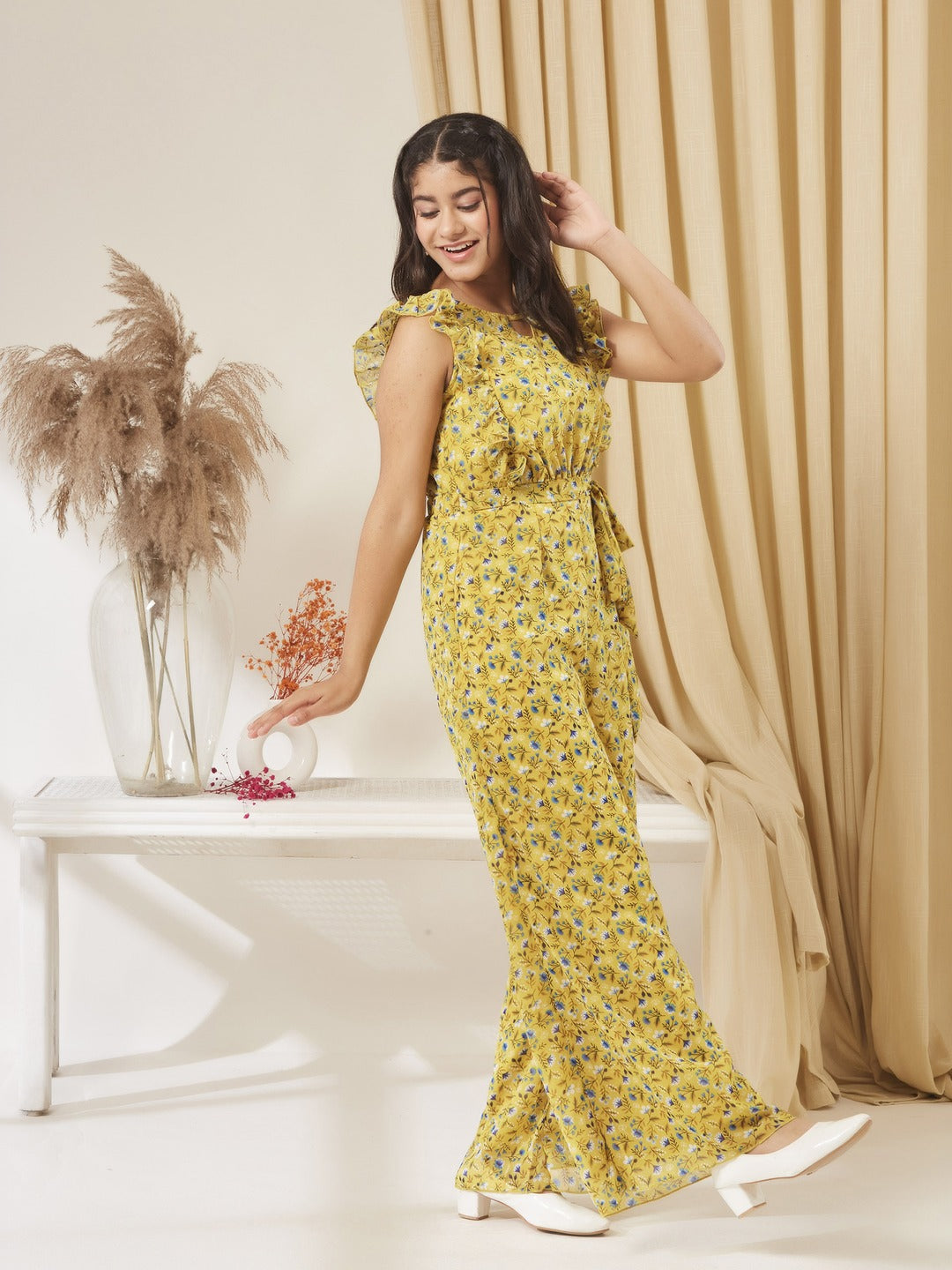 Yellow Round neck Sleeveless Floral Wide Leg Regular Jumpsuit for Girls/Teenagers