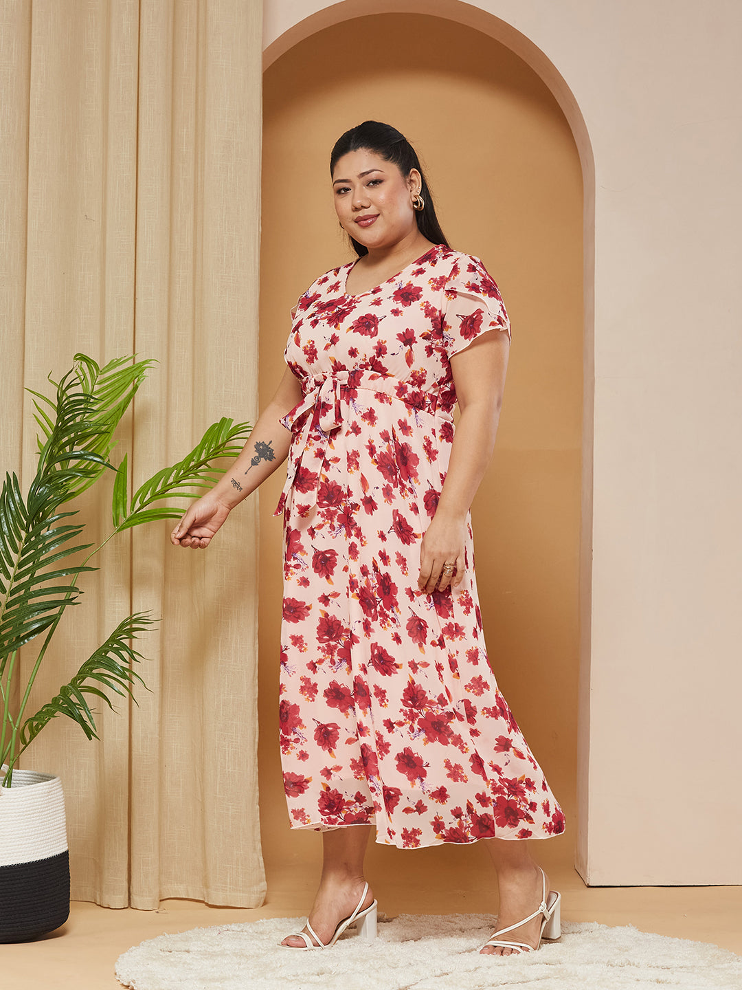 Multicolored-Base-Light Pink V-Neck Short-Sleeves Floral Pleated Midi Dress for Women