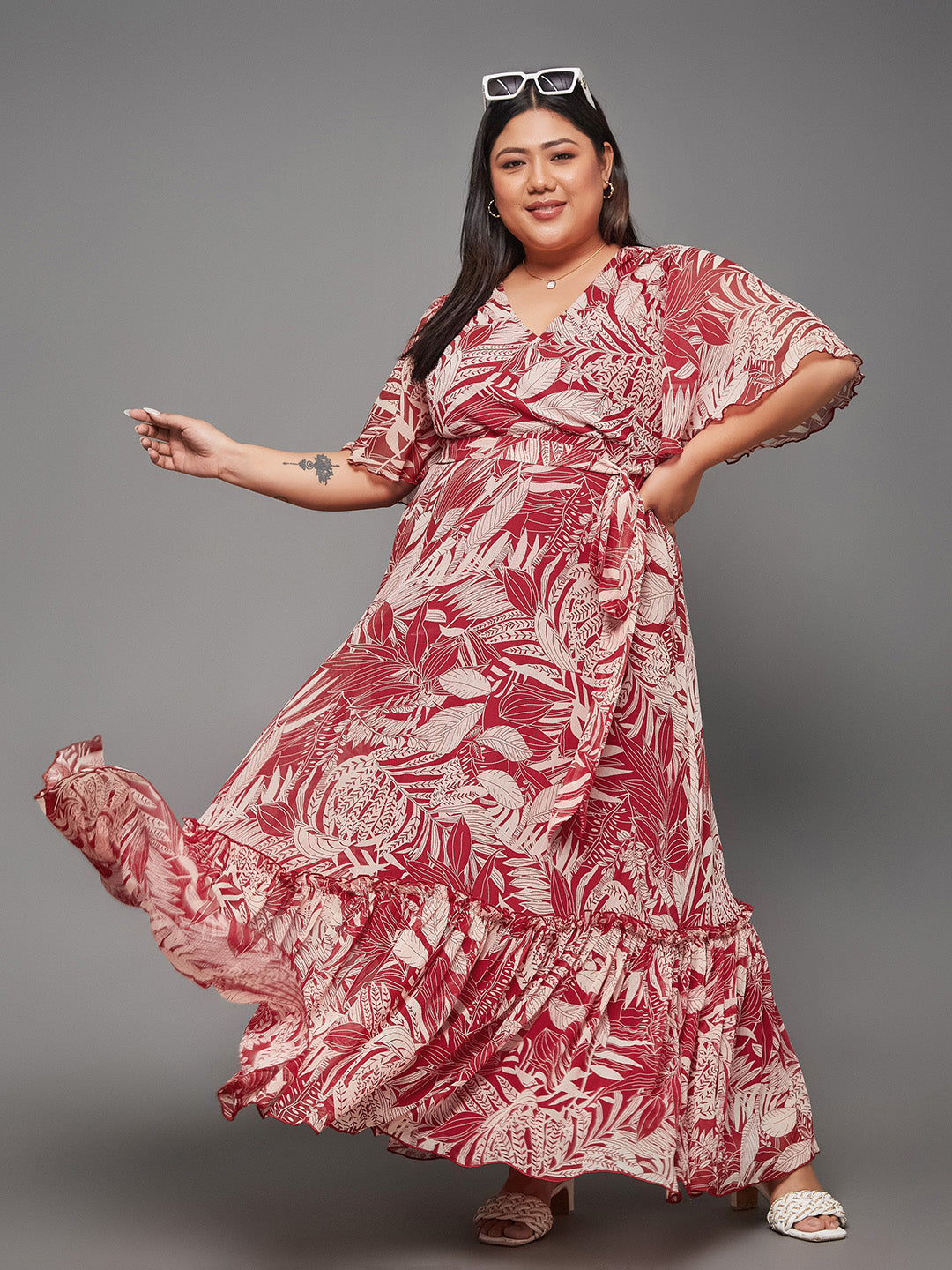 Body Bliss Multicolored-Base-Maroon Floral Wrap Maxi Dress