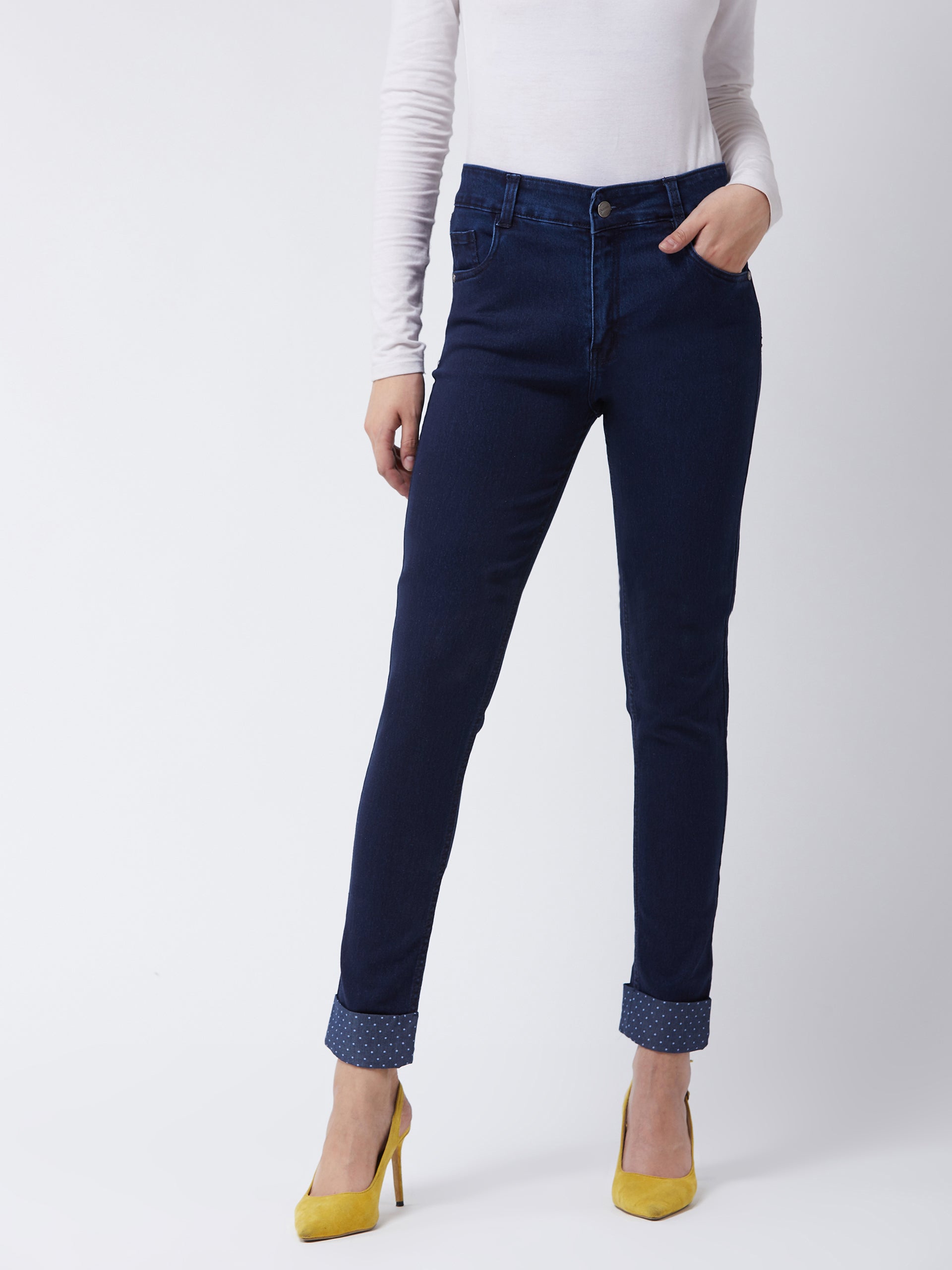 Women's Navy-Blue Skinny-Fit Mid-Rise Cropped Printed Turner Detailing Length Stretchable Denim Jeans