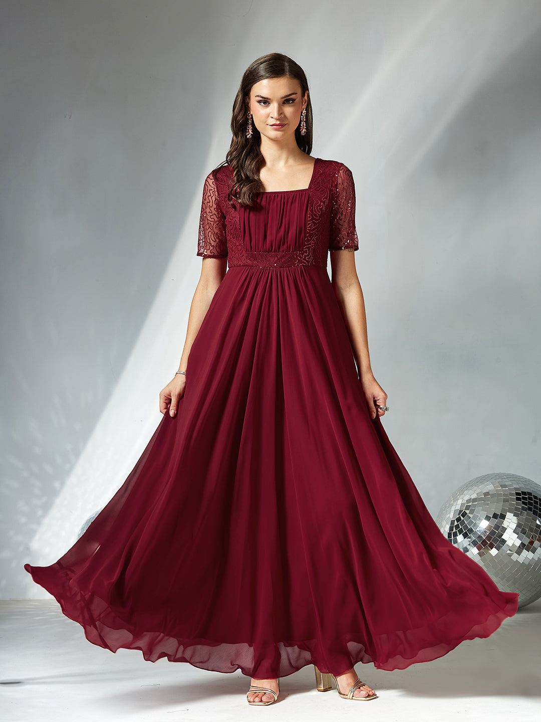 Maroon Square Neck Half Sleeve Solid Embellished Maxi Dress for Women