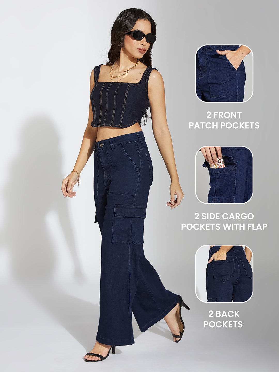 Women's Navy Blue Wide-Leg High-Rise Clean-Look Stretchable Denim Cargo Jeans