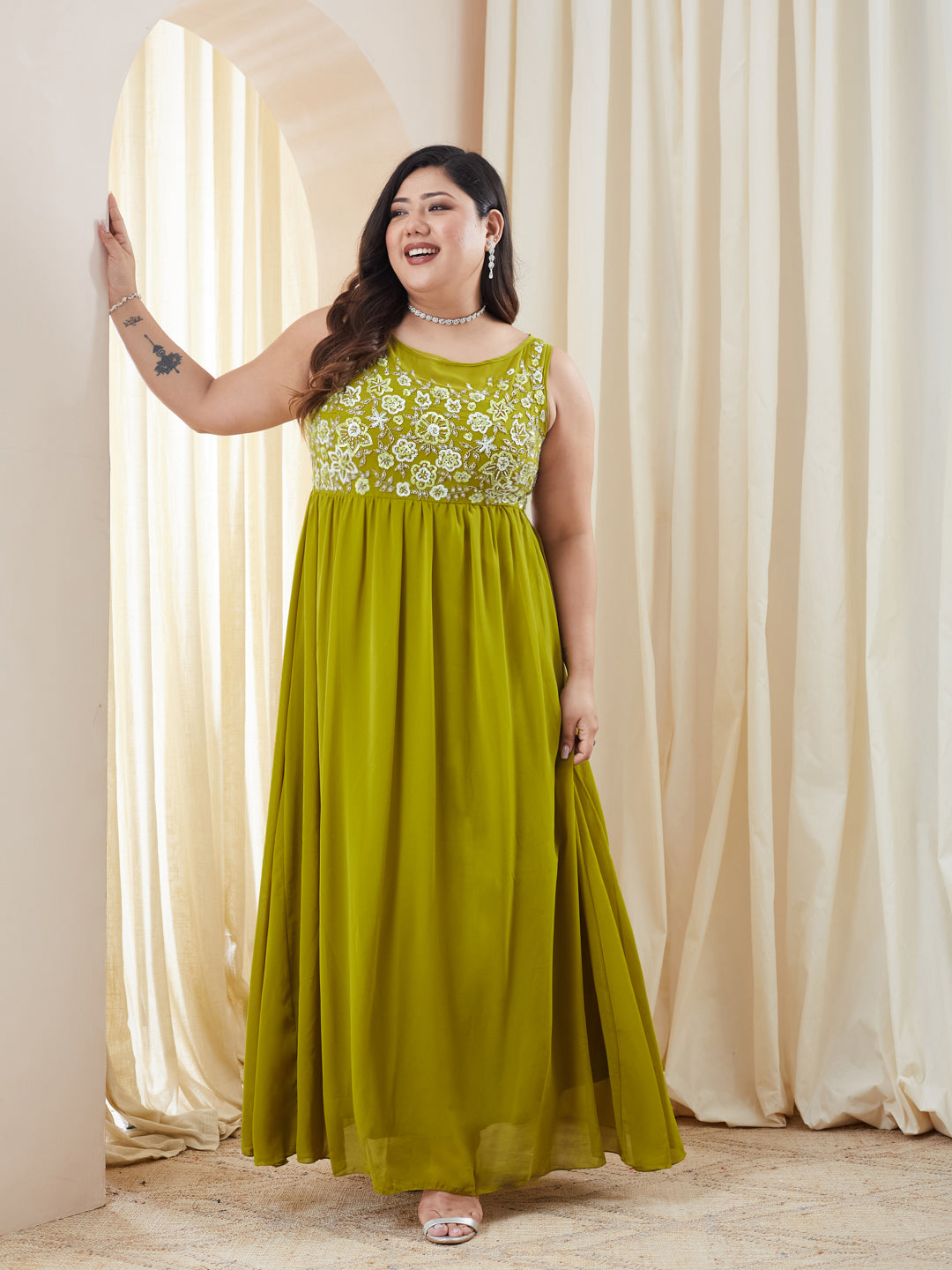 Lemon Green Boat-Neck Sleeveless Embroidered Georgette Gathered Maxi Dress for Women