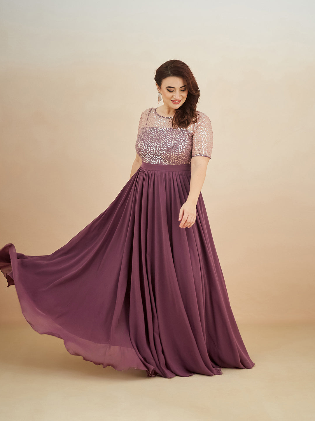 Mauve Relaxed Fit Maxi Georgette & Sequins Dress for Women