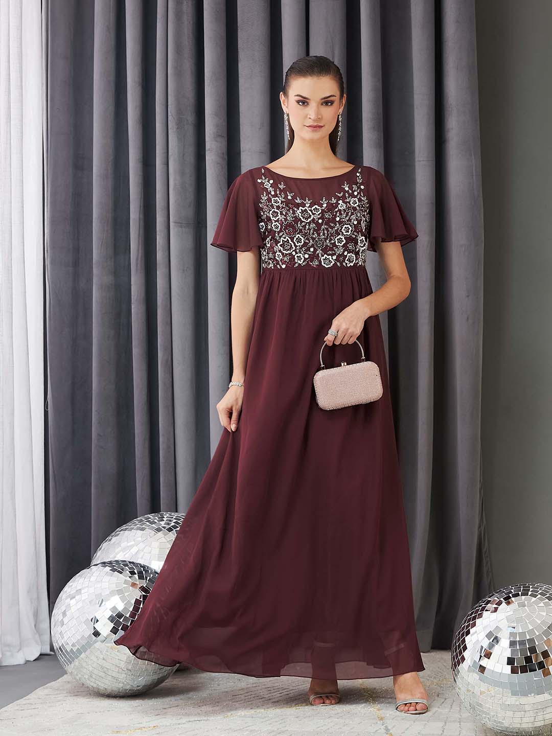 Women's Wine Boat Neck Half Sleeve Solid Embellished Georgette Maxi Dress