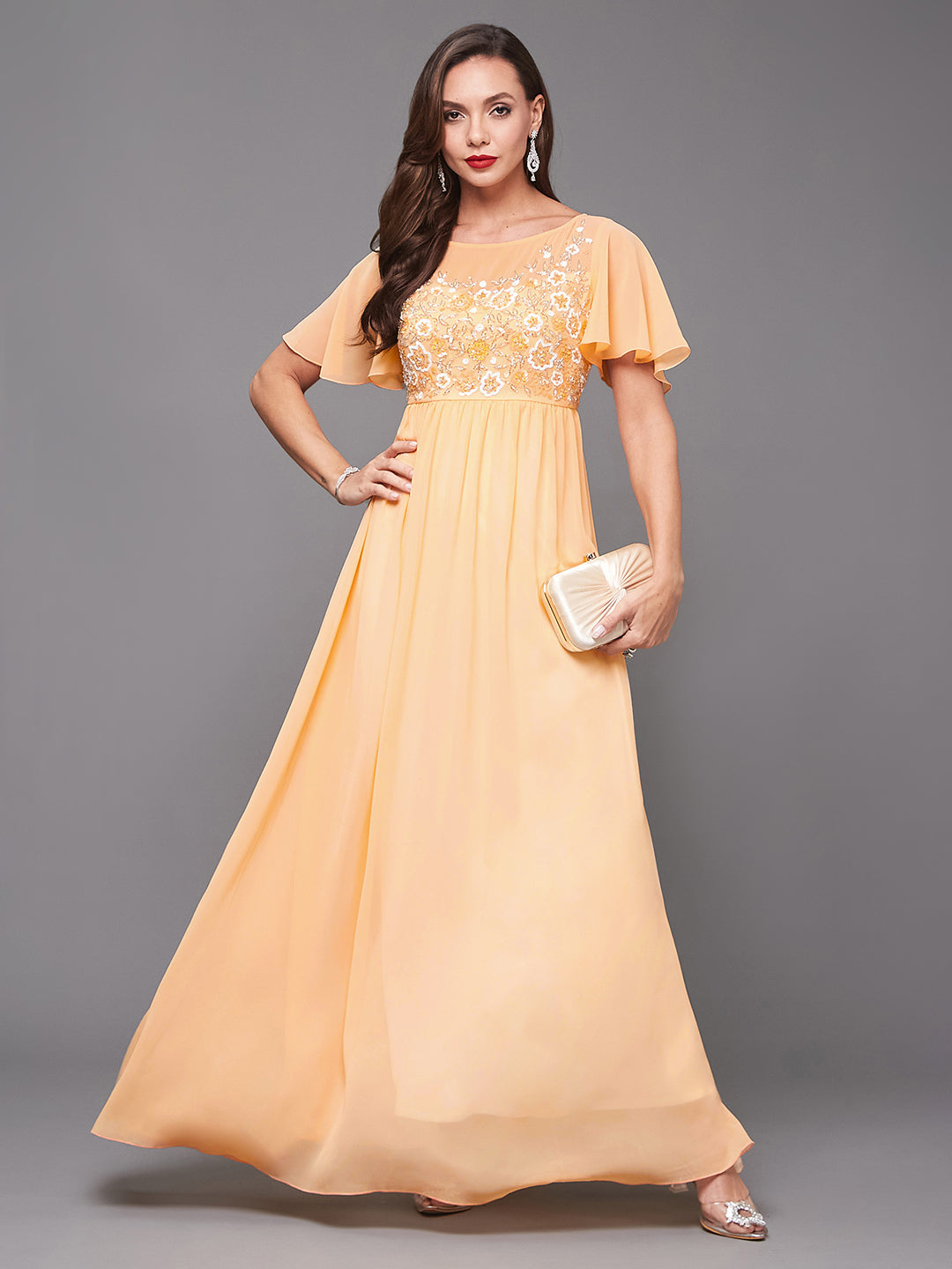 Women's Peach Boat Neck Half Sleeve Solid Embellished Georgette Maxi Dress