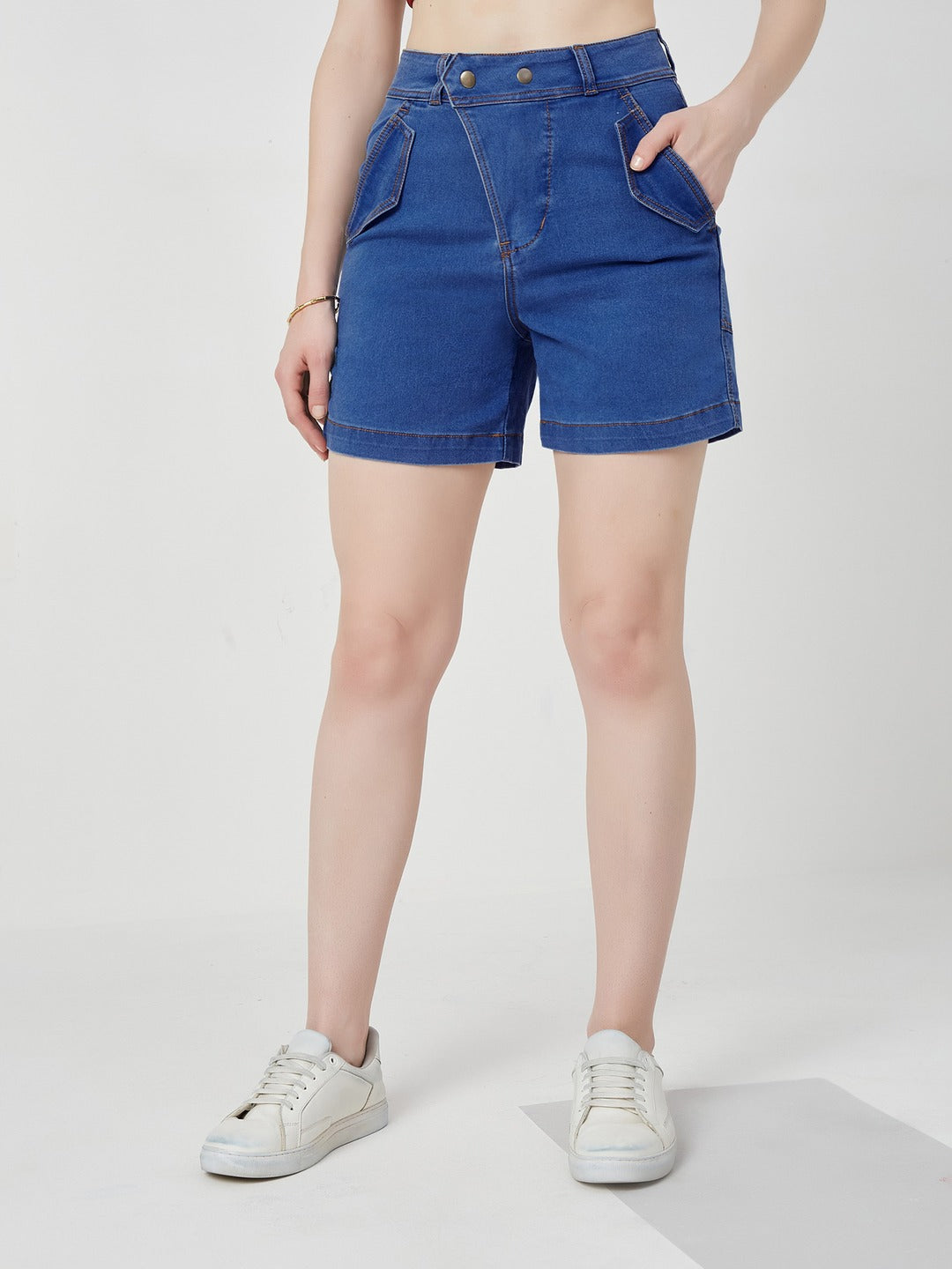 Relaxed-Fit Mid-Rise Stretchable Blue Denim Bermuda Shorts for Women