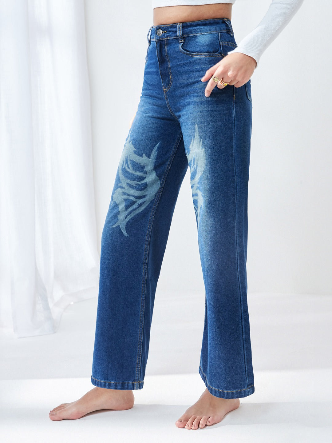 Navy Blue High-Rise Wide-Leg Flared Non-Stretch Jeans with Hand-Painted Art for Women