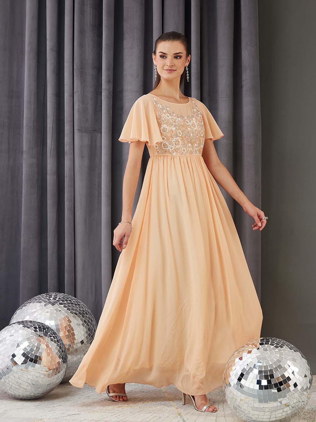 Women's Peach Boat Neck Half Sleeve Solid Embellished Georgette Maxi Dress