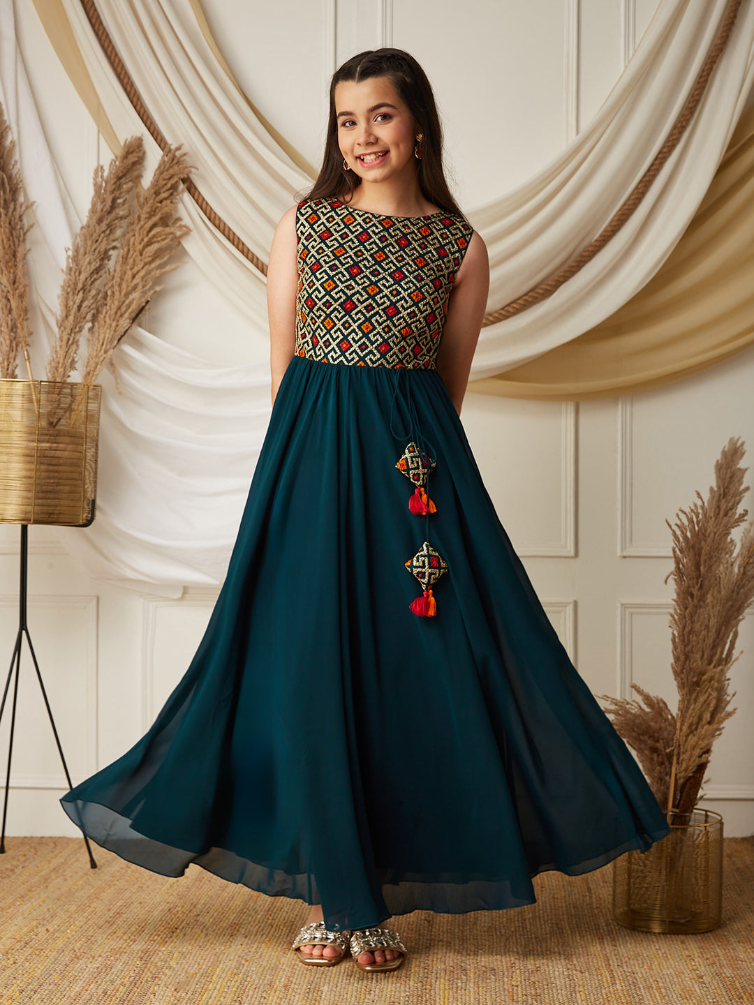 Multicolored-Base-Teal Round-Neck Sleeveless Embroidered Flared Polyester Maxi Dress