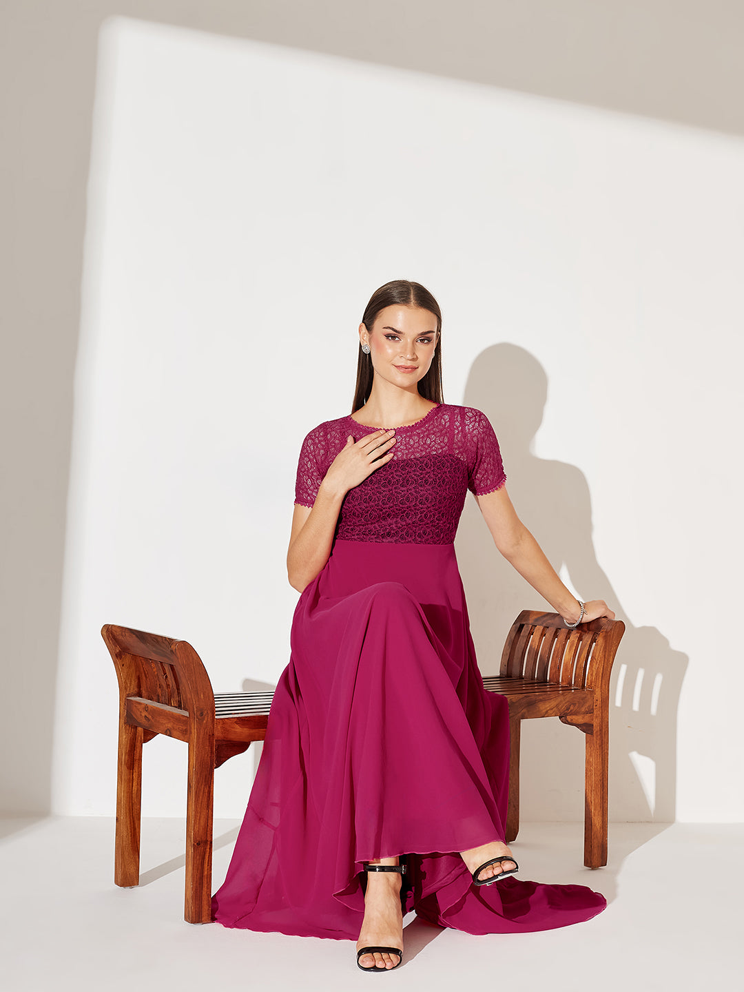 Dark Pink Round neck Half Sleeve Solid Lace Overlaid Maxi Dress for Women