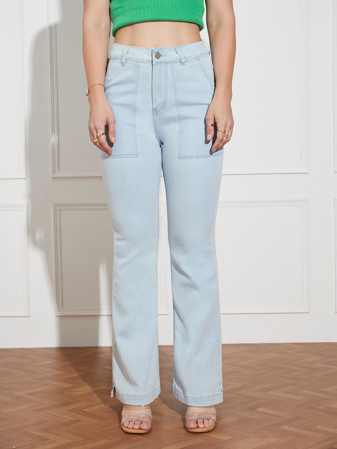 Women's Light Blue Bootcut High rise Clean look Regular Stretchable Denim Jeans