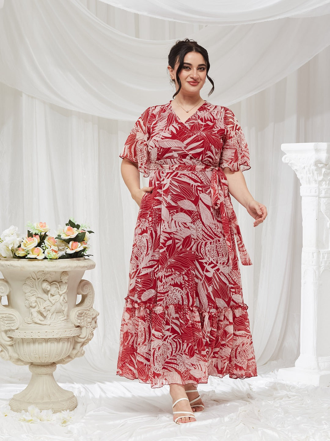 Maroon V Neck Flared Sleeve Floral Wrap Maxi Dress for Women