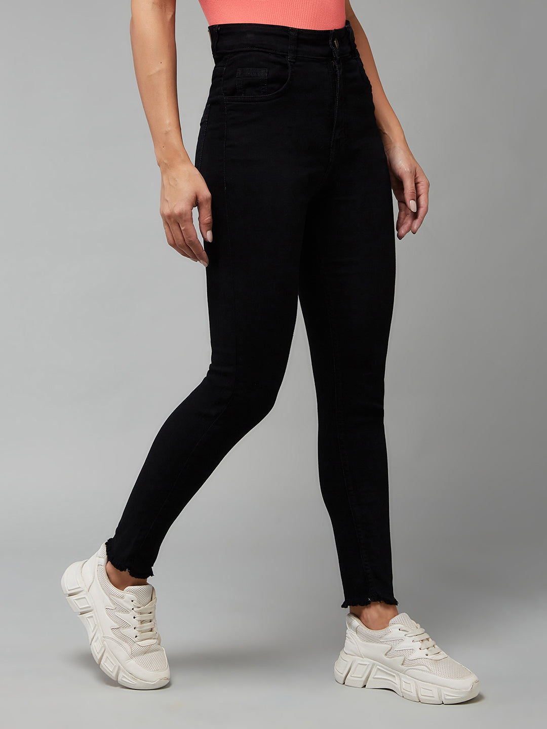 24/7 Comfort Black Skinny Fringed Detailing High-Rise Cropped Stretchable Denim Jeans
