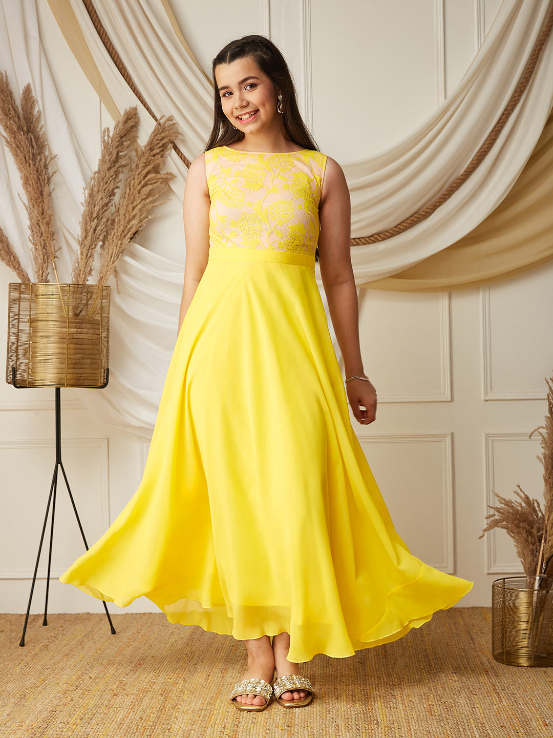 Light Yellow Boat-Neck Sleeveless Solid Lace Overlaid Polyester Maxi Dress