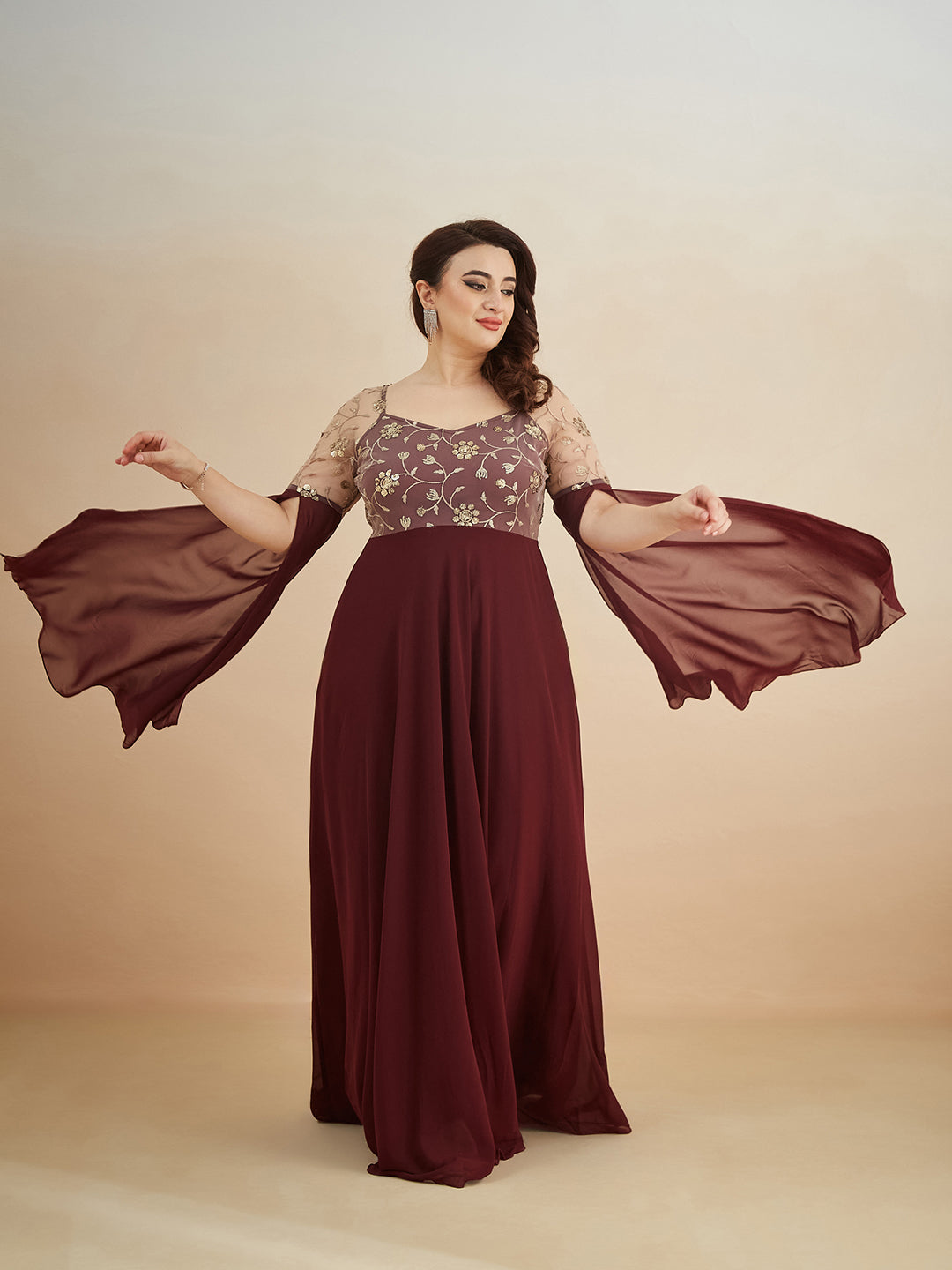 chinese dress ladies Hayden Long Sleeve Plunge Maxi Dress - Wine