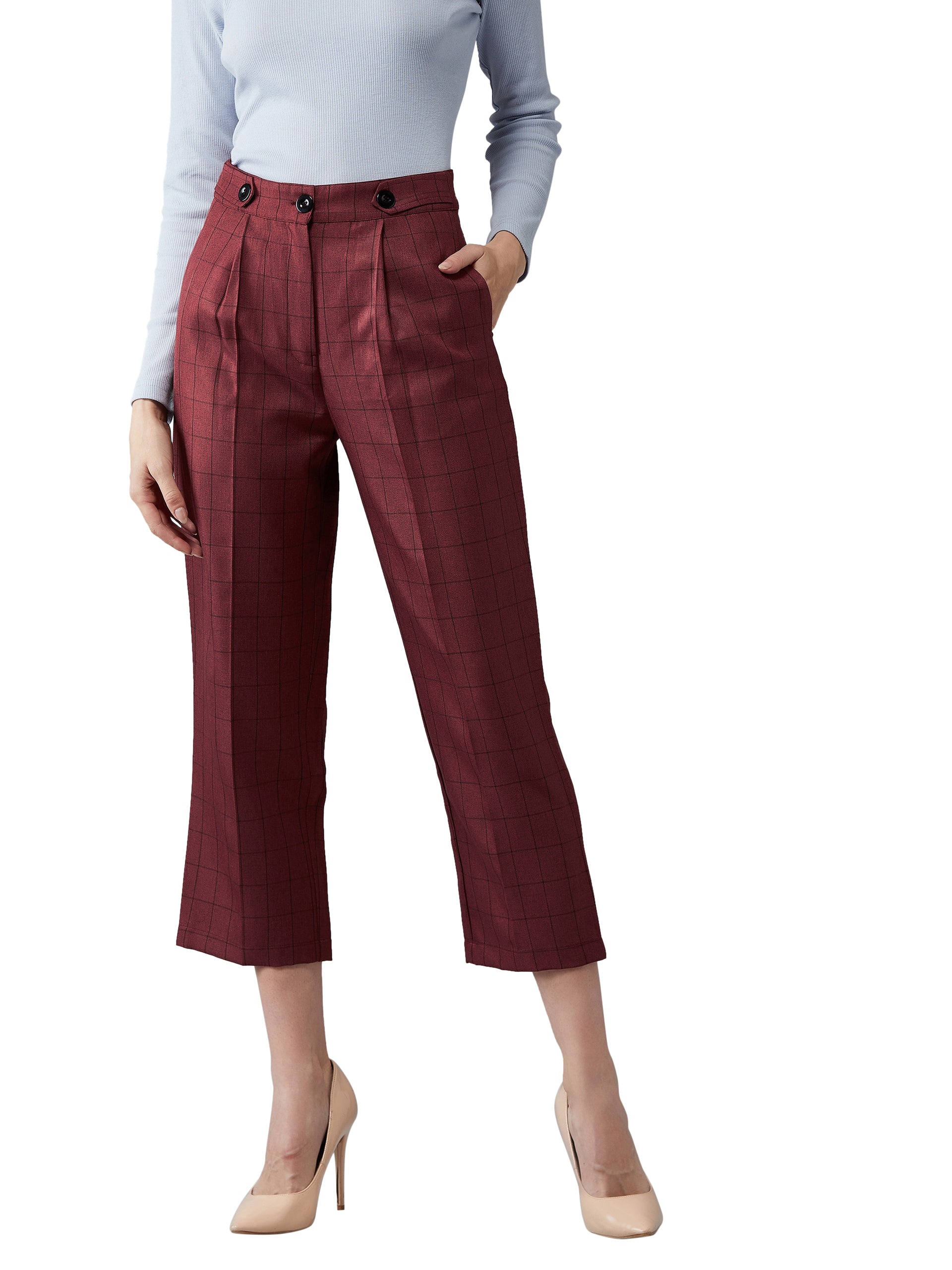 Women's Maroon Checkered Pleated Regular Length Trouser