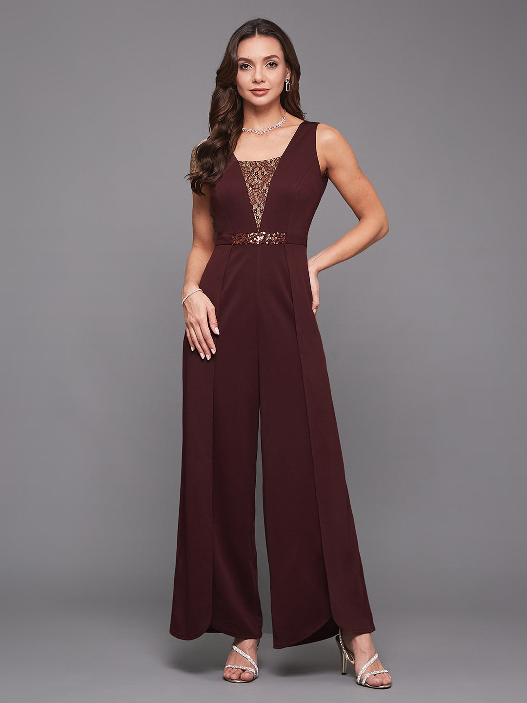 Crease Ease Cocktail Women's Wine Lace Square Neck Sleeveless Sequined Layered Party Jumpsuit