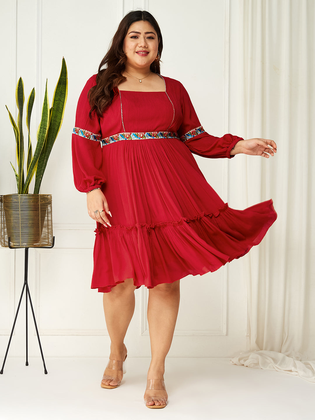 Body Bliss Red Viscose Rayon Solid Gathered Midi Dress