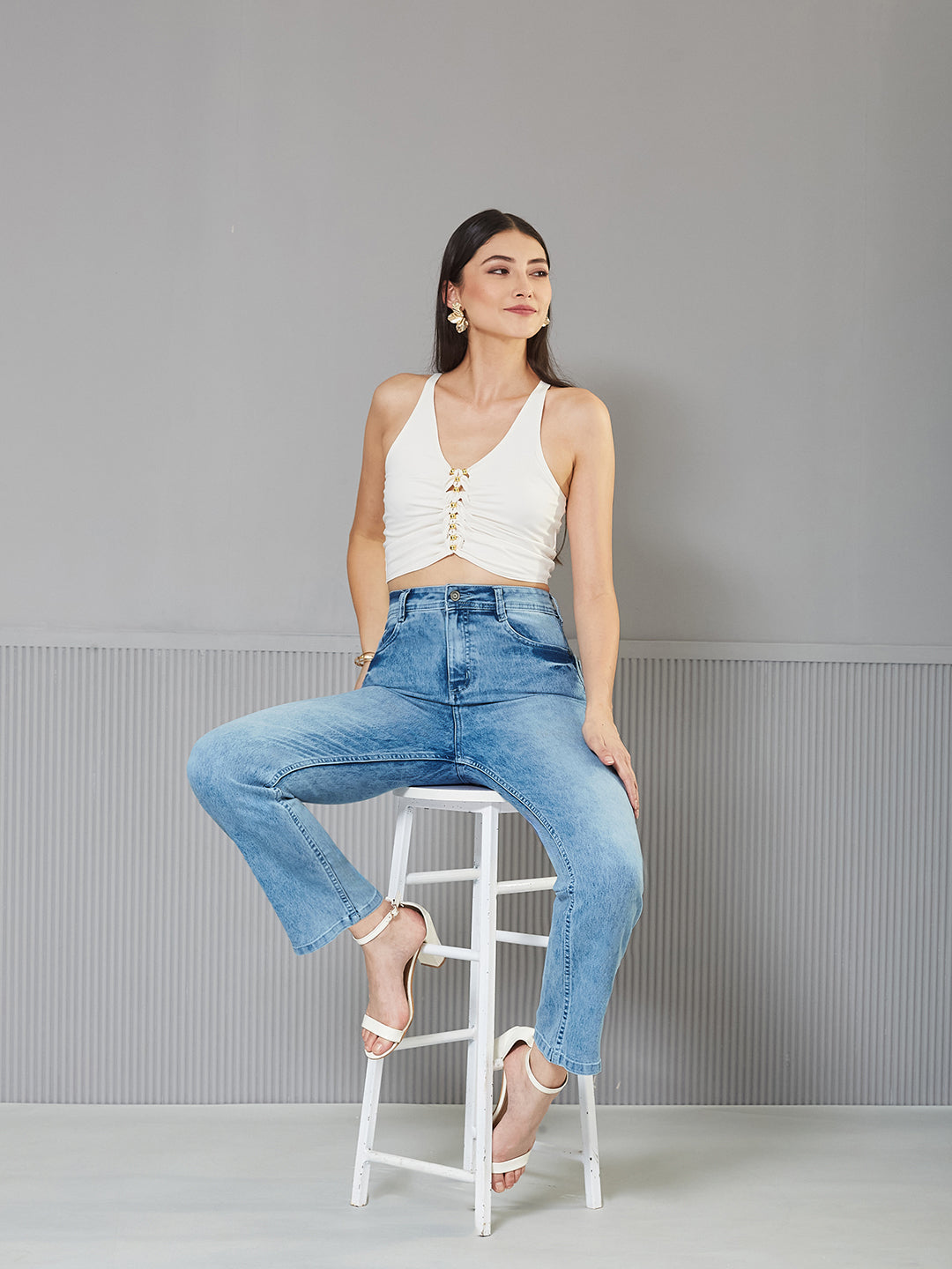 24/7 Comfort Light-Blue Wide-Leg Fit High-Rise Stretchable Denim Jeans for Women