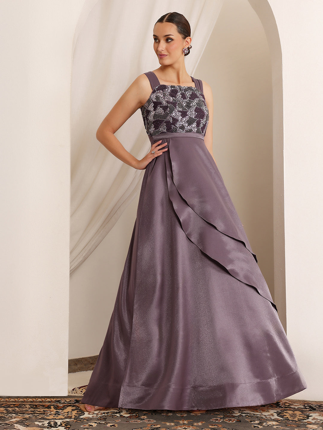 Women's Dusty Purple Square Neck Sleeveless Embellished Layered Satin Maxi Dress