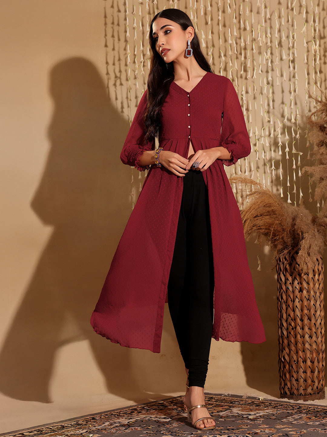 Women's Maroon V-Neck 3/4 Sleeves solid empire Maxi Top