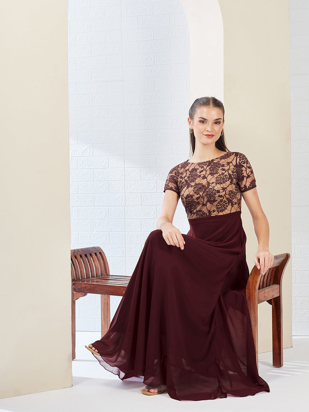 Wine & Beige Relaxed Fit Regular Georgette Dress for Women