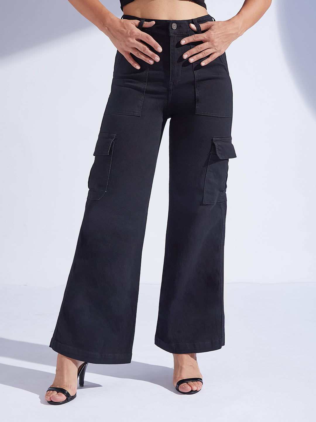 Women's Black Wide-Leg High-Rise Stretchable Denim Cargo Jeans