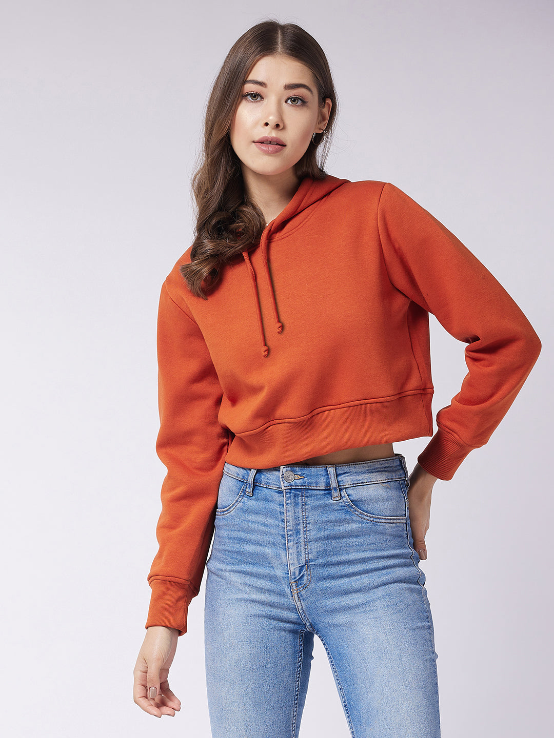 Women's Rust Round Neck Full Sleeve Solid Crop Sweatshirt