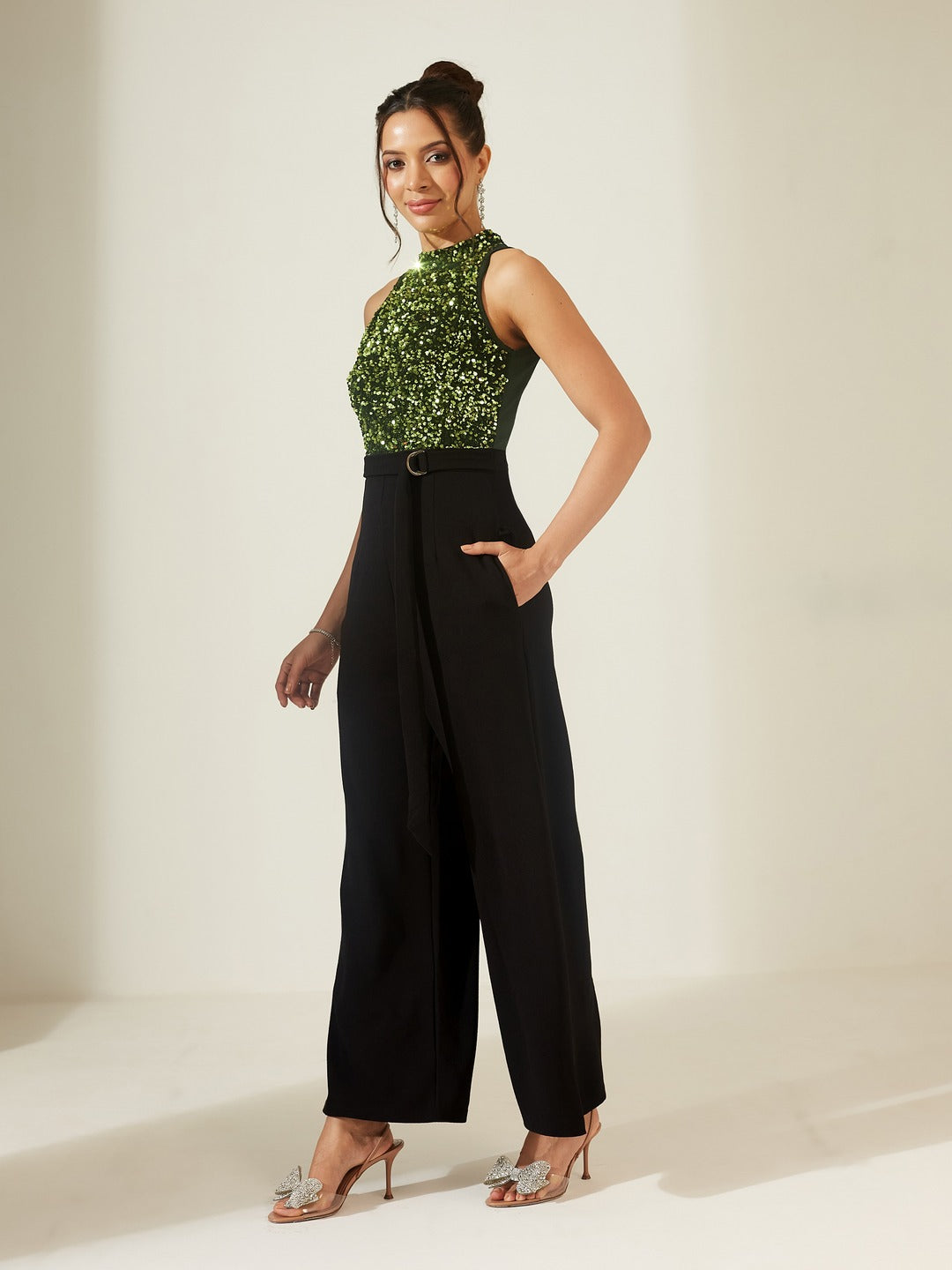 Black And Green Halter Neck Sleeveless Embellished Regular-Length Jumpsuit for Women
