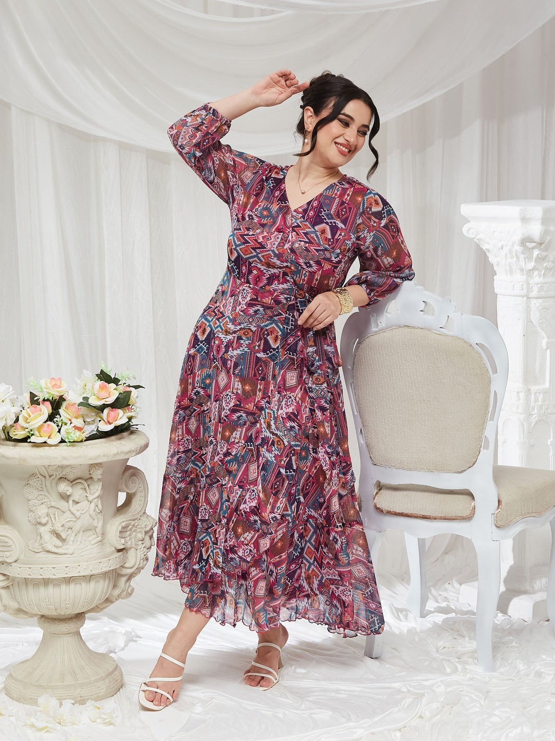 V-Neck Three-Quarter Sleeve Geometric Patterned Wrap Midi Chiffon Dress for Women