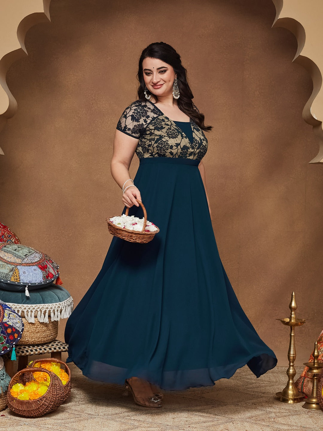 Teal Square Neck Raglan Short Sleeve Self Design Lace Overlaid Georgette Maxi Dress for Women