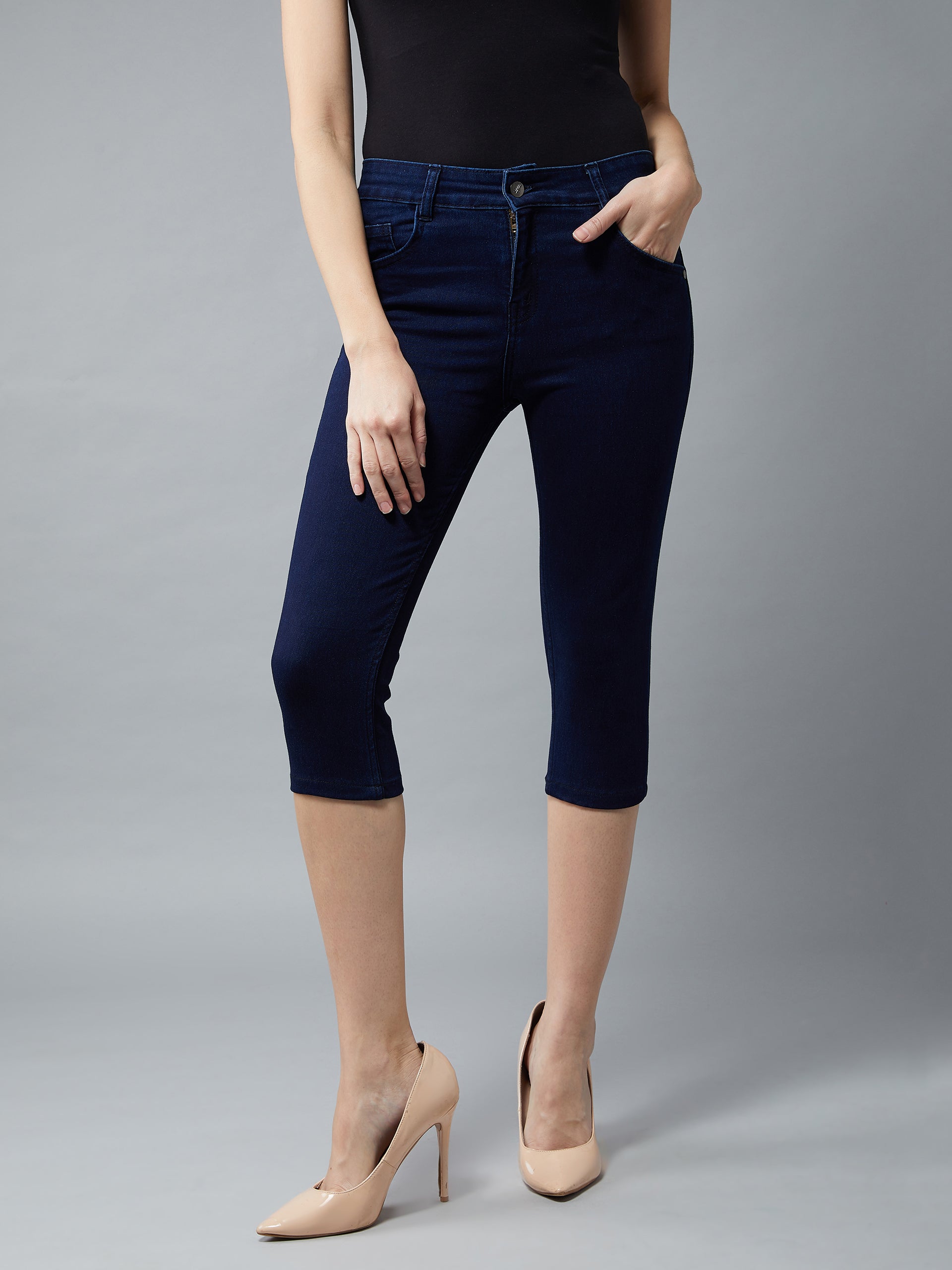 CHASEstretch™ Women's Navy-Blue Skinny-Fit High-Rise Cropped-Length Clean-Look Denim Stretchable Capri Jeans