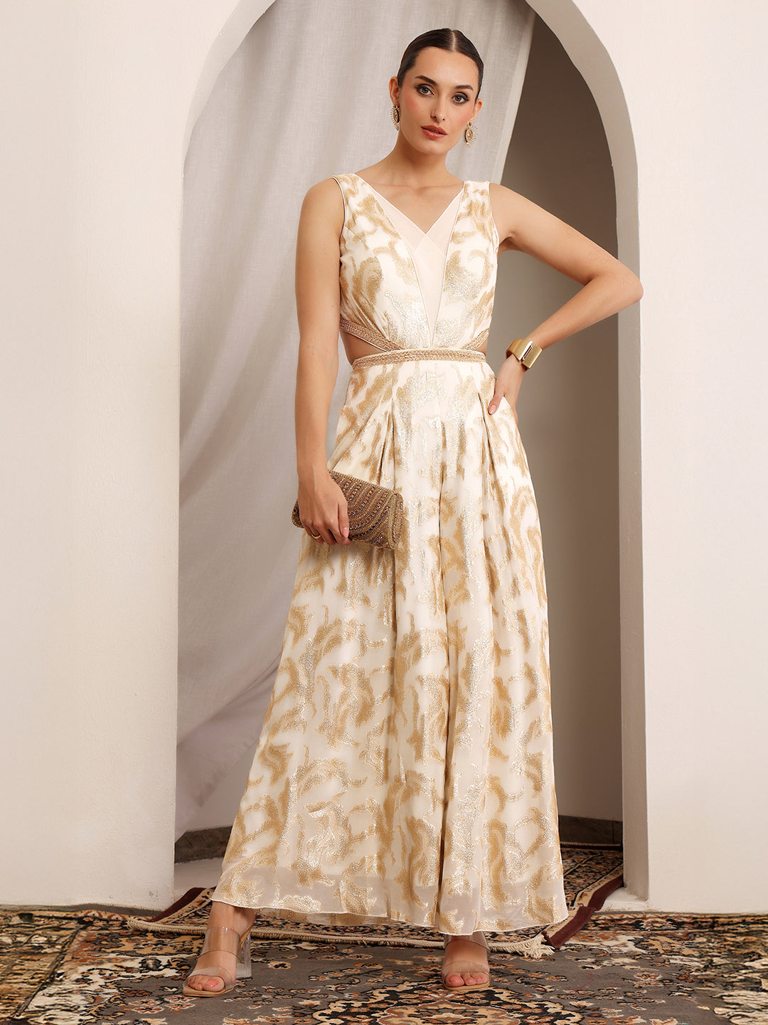 Nilima Tapasvi Off White Pleated Jumpsuit