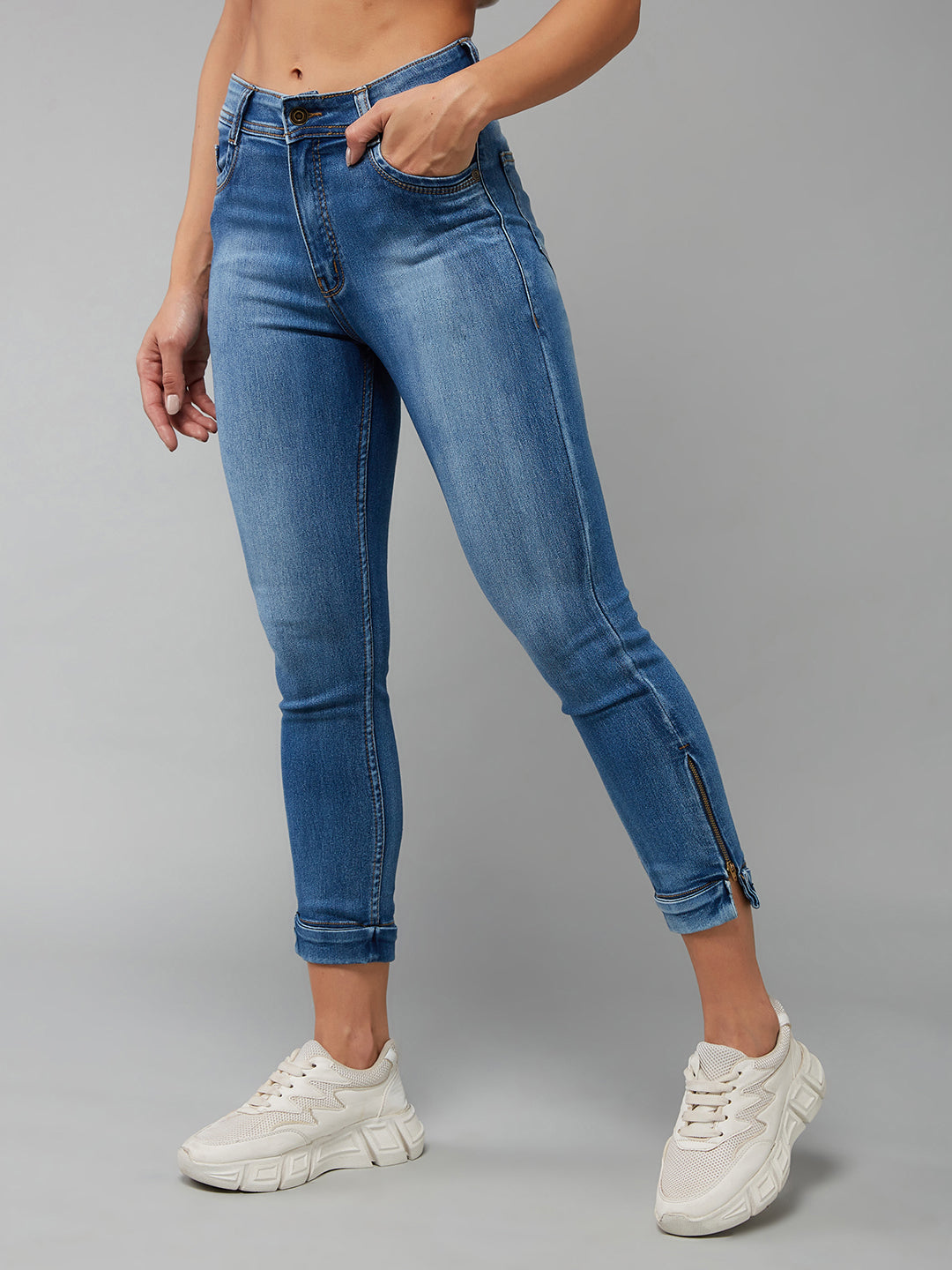 Women's Blue Skinny-Fit High-Rise Ankle Length Acid Wash Blast Effect