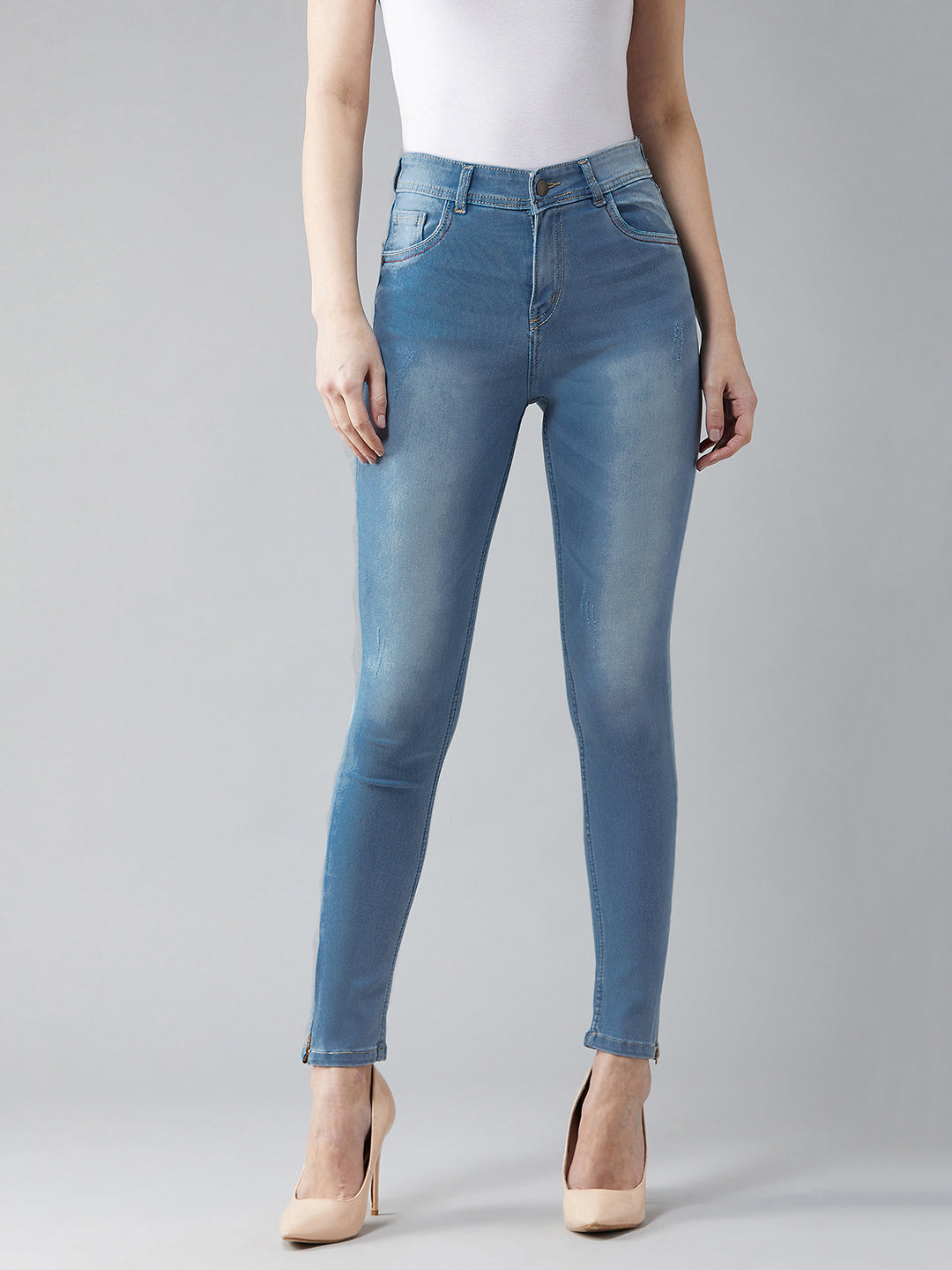 Women's Blue Skinny-Fit High-Rise Zipper Detailing Scraped Stretchable Denim Jeans