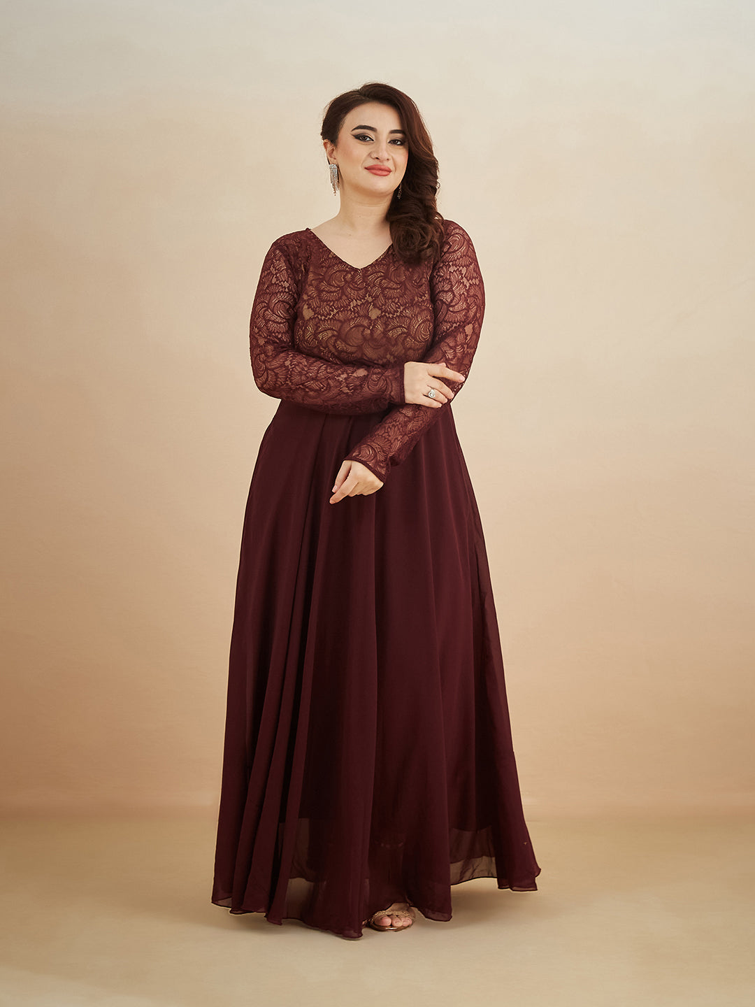 Wine V-Neck Full Sleeve Self Design Lace-Overlaid Georgette Maxi Dress for Women