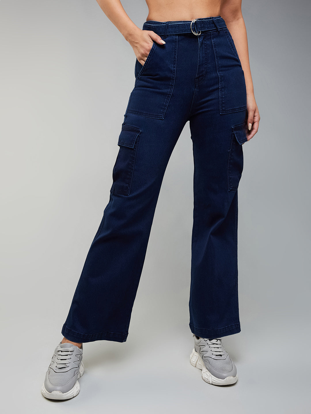 24/7 Comfort Navy Blue Wide-Leg High-Rise Clean-Look Regular Stretchable Cargo Denim Jeans